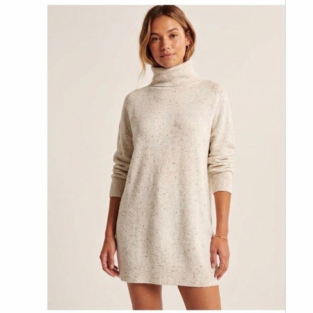Abercrombie Cream Speckled Nep Knit Turtleneck Sweater Dress Womens Size Large L